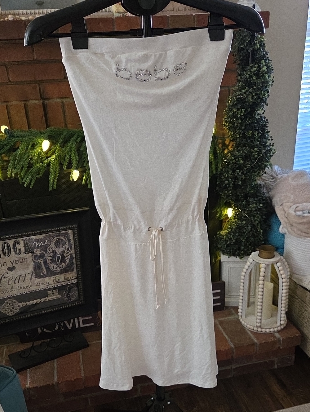 Authentic Y2K vintage Bebe Logo White Strapless Dress with Crystal Embellishment